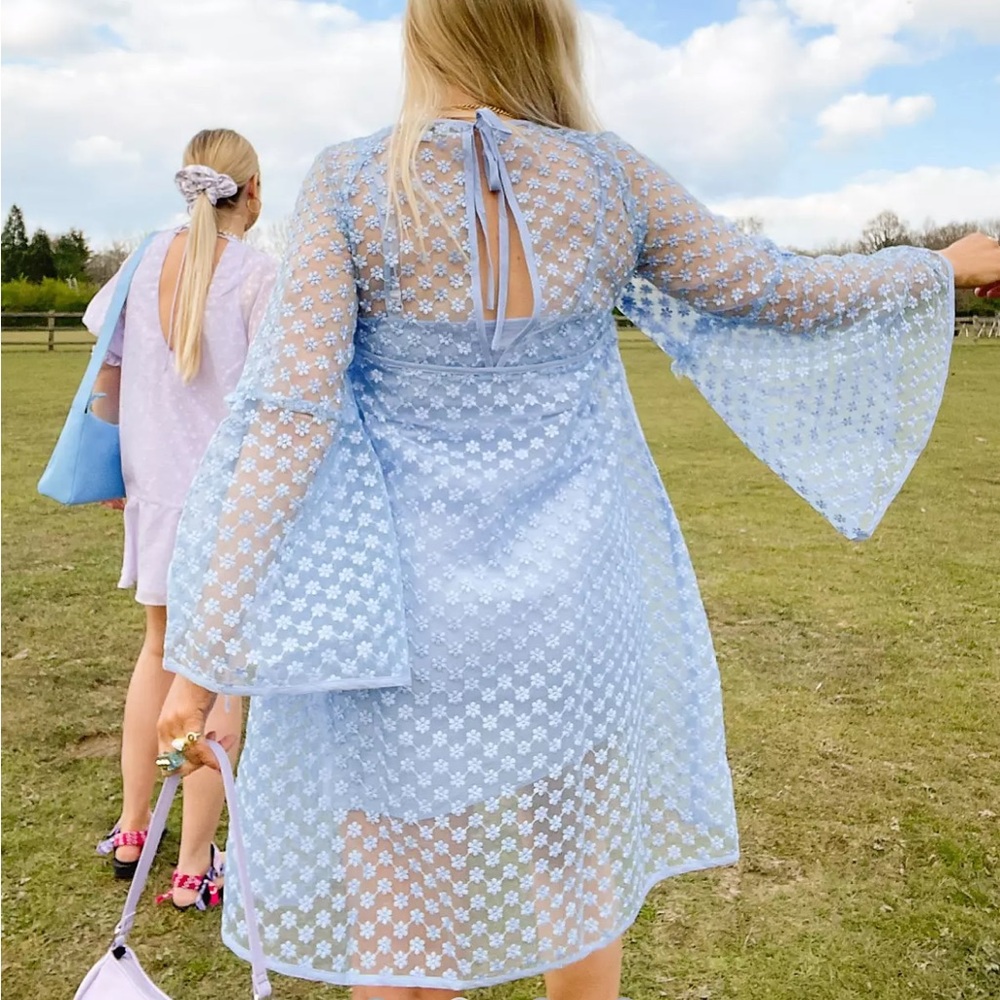 Labelrail x Olivia & Alice embroidered organza sleeve detail mini dress in blue